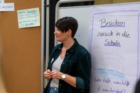 Referentin vor einem Plakat mit der Aufschrift „Brücken zurück in die Schule“.